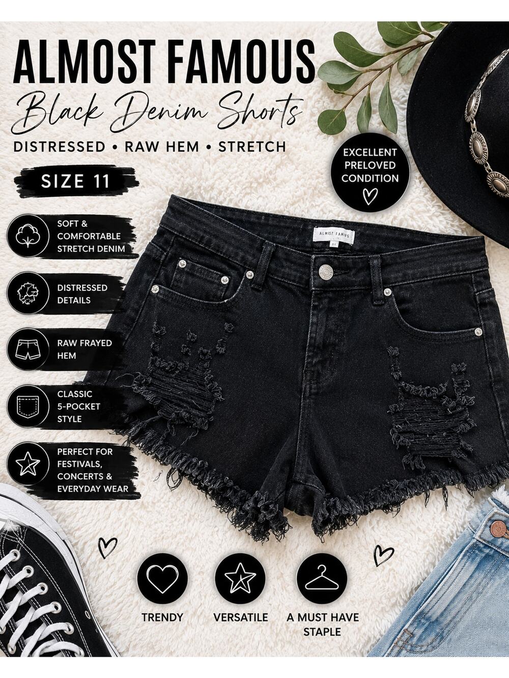 Almost Famous Black Distressed Denim Shorts Size 11 Raw Hem Stretch